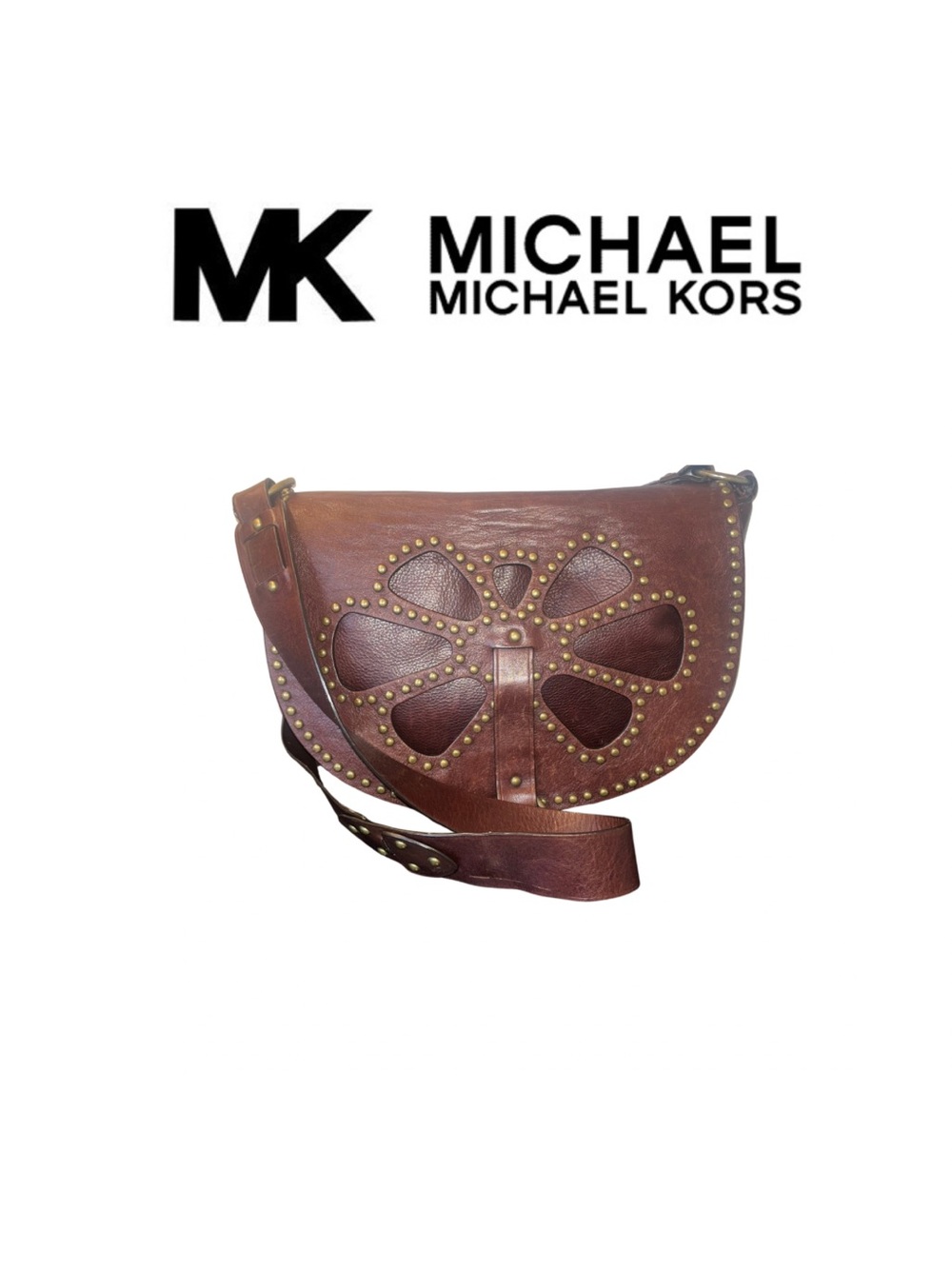 Michael Michael Kors Brown Leather Floral Cutout Studded Crossbody